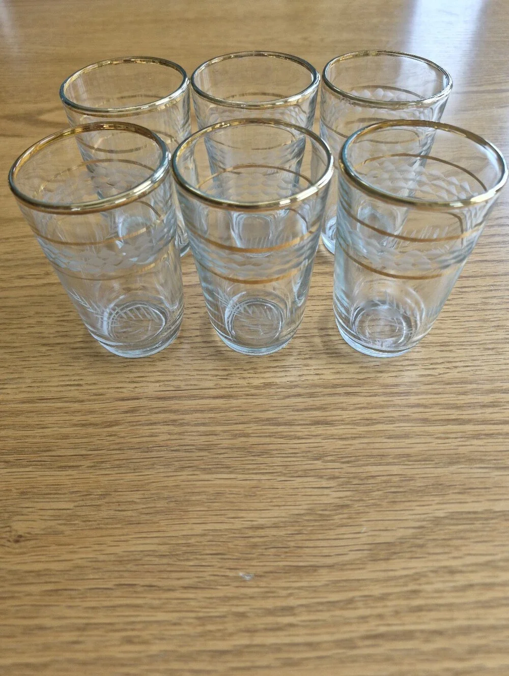 Vtg 1960 Etched Glass Juice Glasses Set of 6 Gold Rim Wheat Pattern Tumblers 4oz